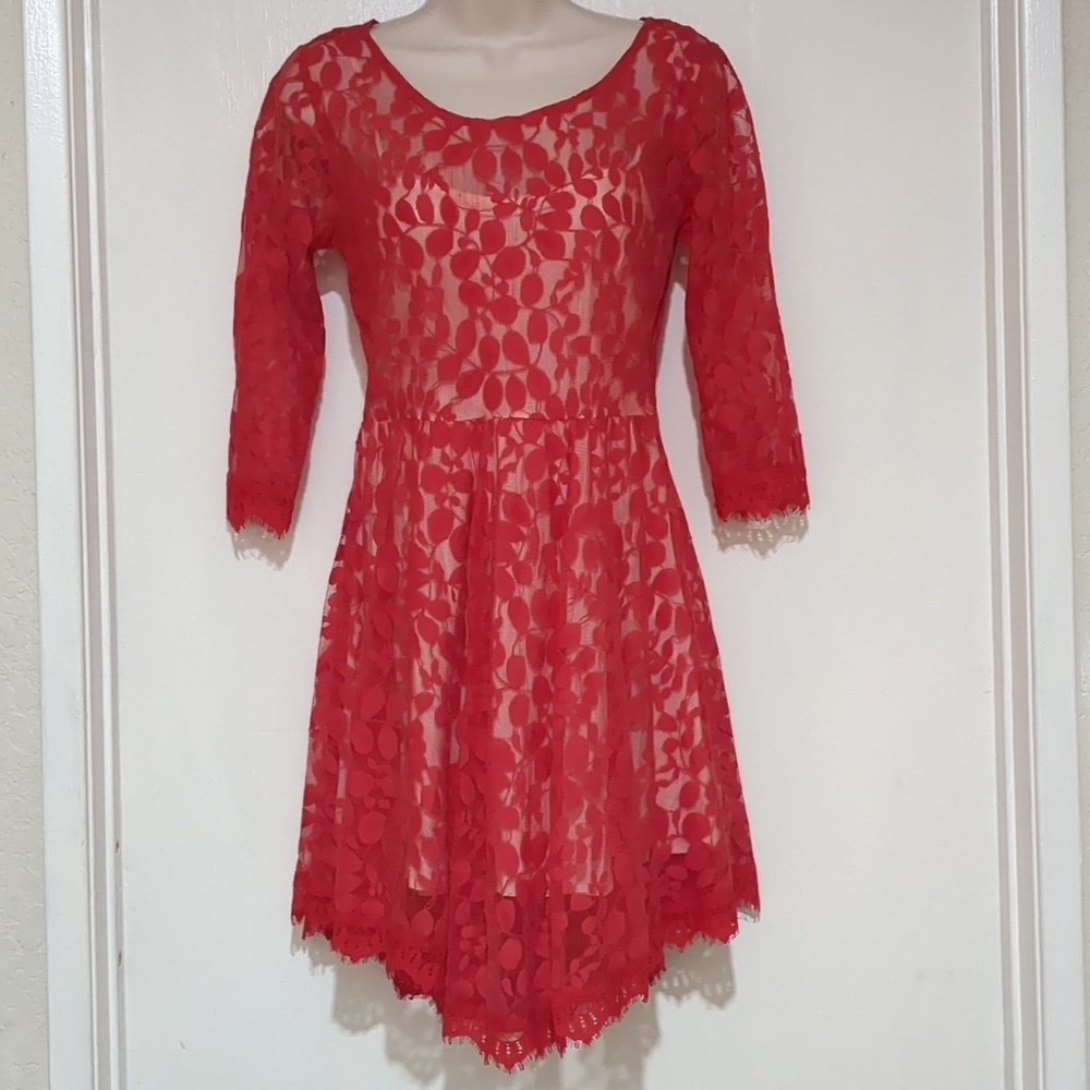 Free People red asymmetrical Lace Fit & Flare Mini Dress size 0
